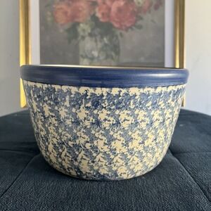 Vintage Spongeware Mixing Bowl Blue Spatter Glaze Stoneware Country Farmhouse 8"
